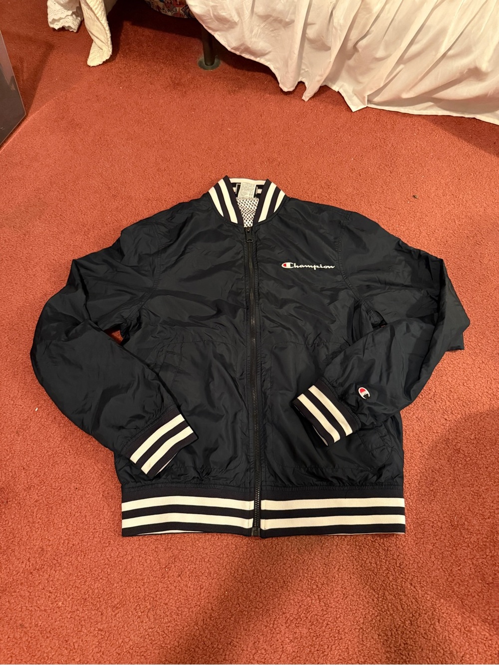 Champion Navy Bomber Jacket with White Stripe Trim